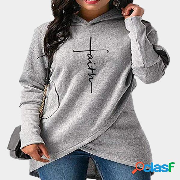 Grey Crossed Front Design Letter Long Sleeves Hoodie