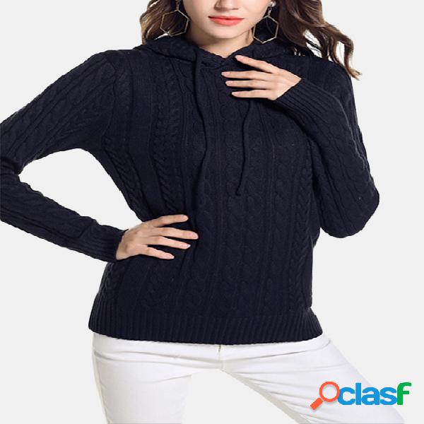 Navy Cable Knit Plain V-neck Long Sleeves Hooded Sweaters