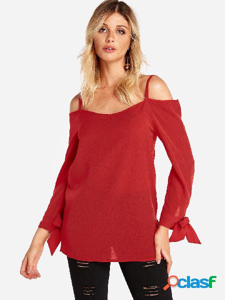 Red Self-tie Design Cold Shoulder Long Sleeves Blouse