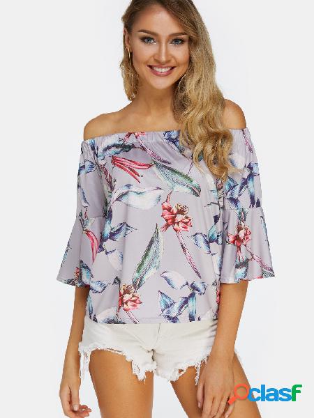 Violet Random Floral Print Off Shoulder Bell Sleeves Blouse