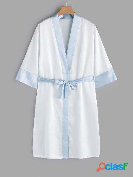 White and Light Blue Self-tie Night Robe