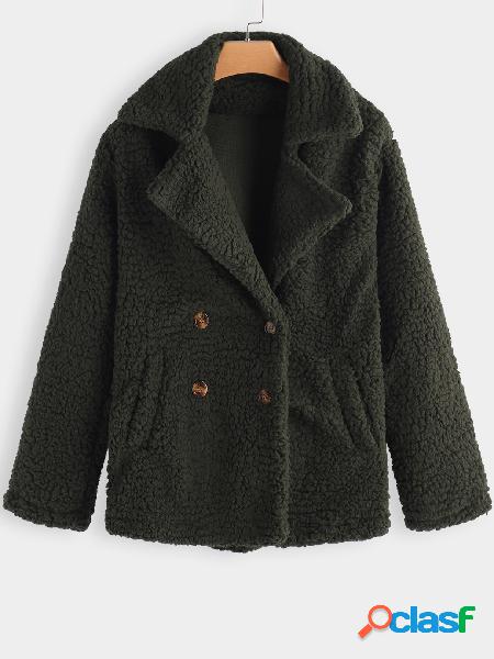 Army Green Side Pockets Plain Lapel Collar Long Sleeves Faux