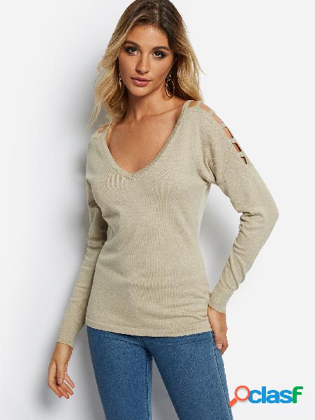 Beige V-neck Long Sleeves Cut-out Design Sweater