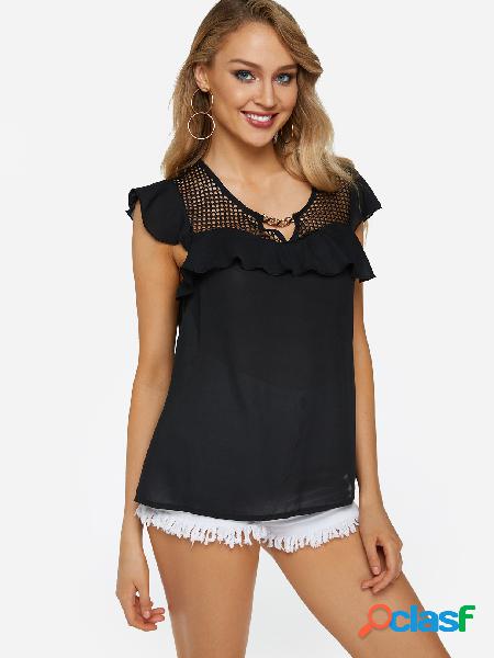 Black Crew Neck Cap Sleeves Fishnet Flounce Blouse