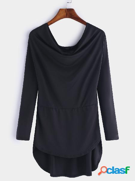 Black Plain Irregular Hem Long Sleeves T-shirts