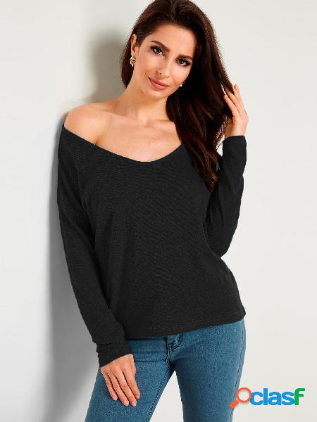 Black Plain V-neck Long Sleeves Loose T-shirts