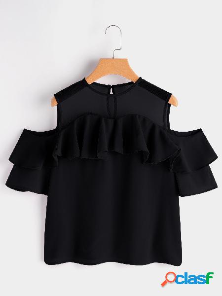 Black Tiered Design Cold Shoulder Short Sleeves Mesh Blouse