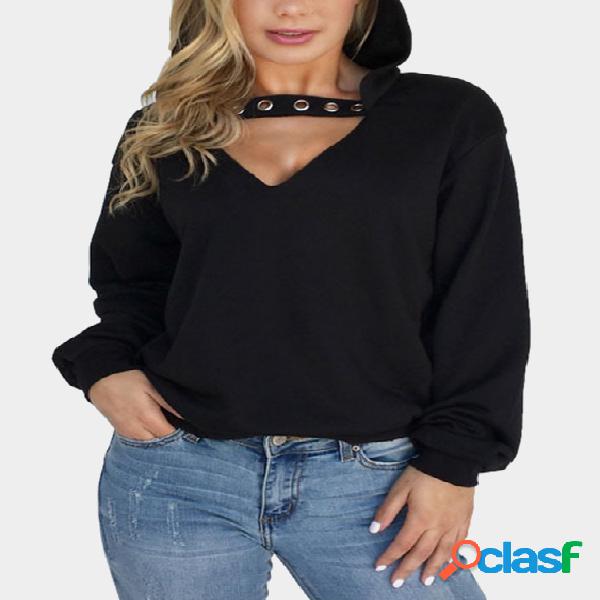 Black V-neck Long Sleeves Loose Hoodie
