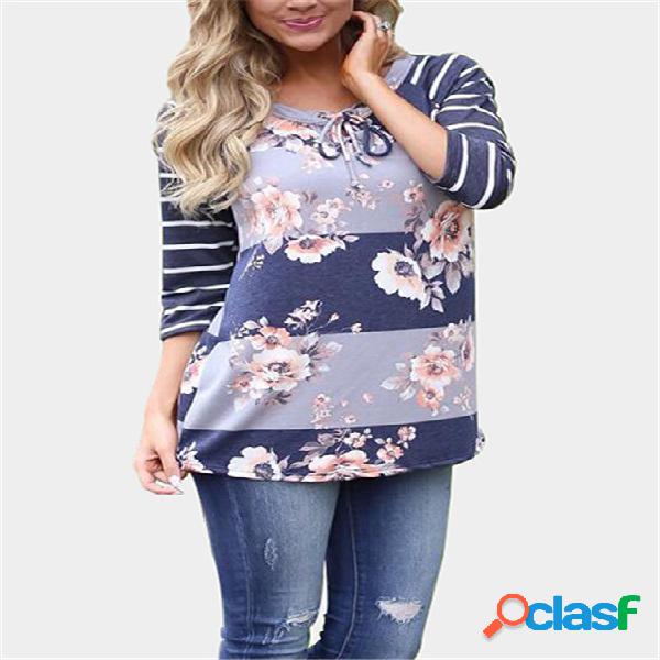 Casual Floral & Stripe Print T-shirts