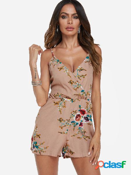 Khaki Backless Design Random Floral Print V-neck Sleeveless