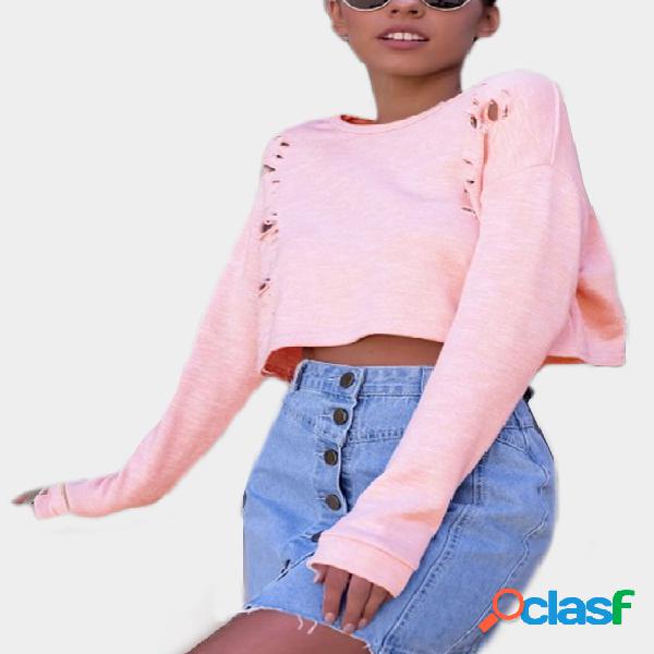 Pink Ripped Details Long Sleeves Crop Sweatshirts