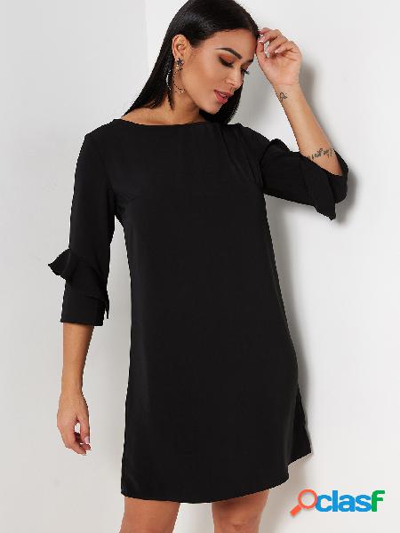Simple Style Black Round Neck 3/4 Length Flounced Sleeves