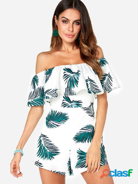 White Backless Design Random Leaf Print Off Shoulder Short