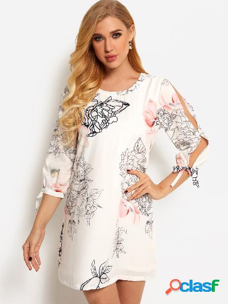 White Cut Out Random Floral Print 3/4 Length Sleeves Mini