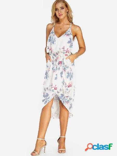 White Random Floral Print Sleeveless Irregular Hem Dress