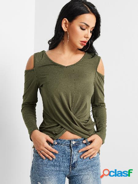 Army Green Crossed Front Design Plain Cold Shoulder Long