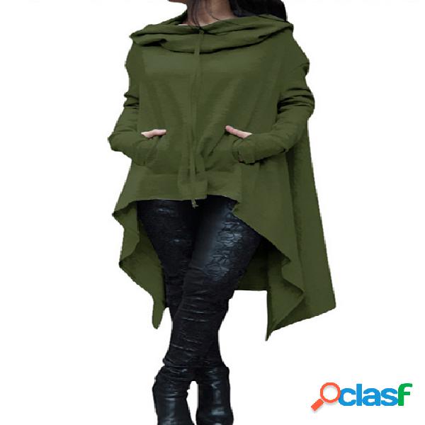 Army Green Hoodie Sweatshirt with Irregular Hem