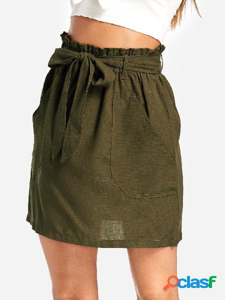 Army Green Self-tie Design Side Pockets Skirt