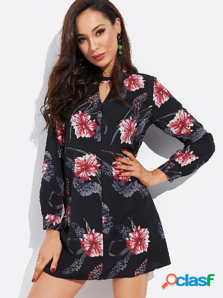 Black Cut Out Random Floral Print Crew Neck Long Sleeves