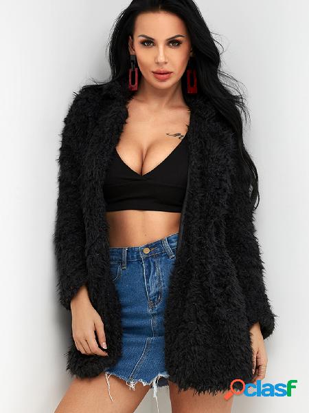 Black Faux Fur Lapel Collar Long Sleeves Coat