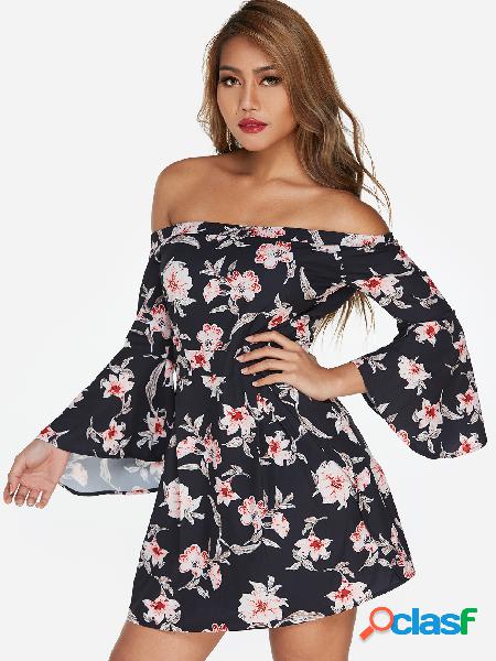 Black Random Floral Print Off Shoulder Bell Long Sleeves