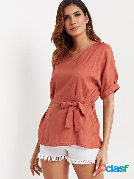 Brick Red V-neck Half Sleeves Belt Blouse