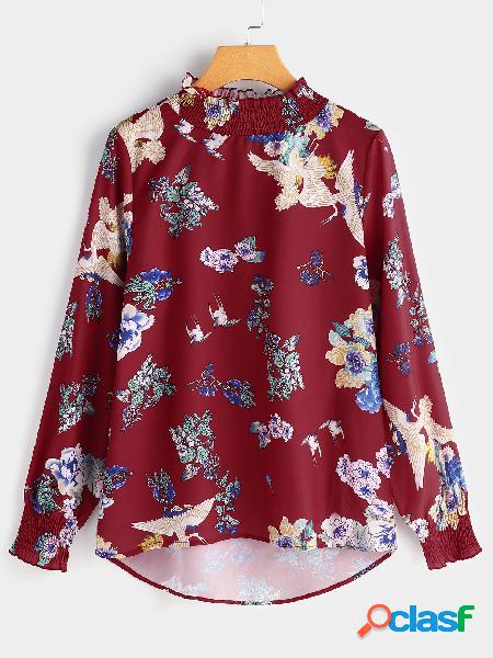 Burgundy Pleated Design Random Floral Print Perkins Collar