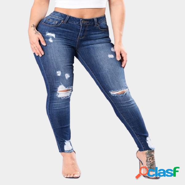 Dark Blue Ripped Details Middle-waisted Pants