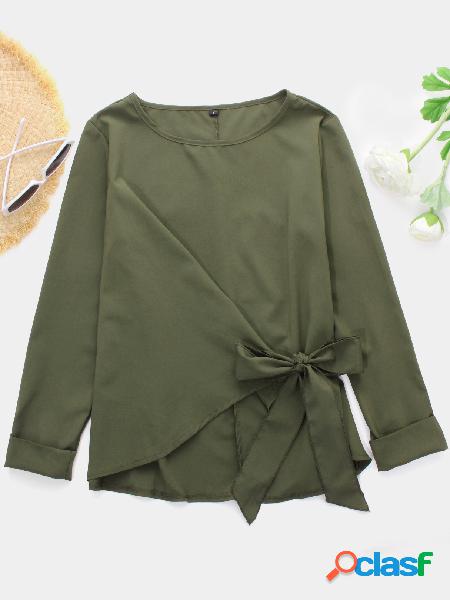 Green Plain Bowknot Design Round Neck Long Sleeves Blouses