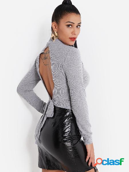 Grey Tie-up Design Backless Knit Top