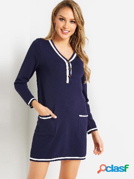 Navy Button Design Side Pockets V-neck Long Sleeves Work