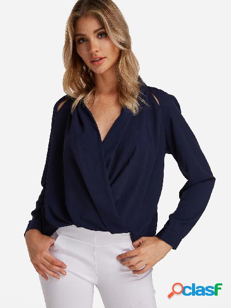 Navy Crossed Front Design V-neck Long Sleeves Shirt