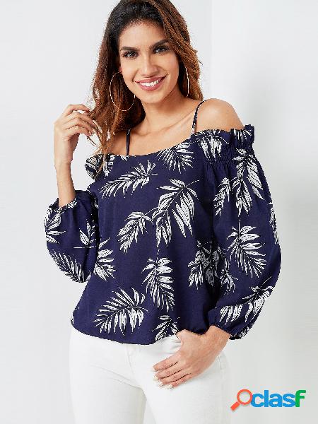 Navy Ruffle Trim Random Leaf Print Cold Shoulder Blouse