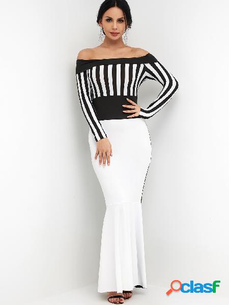 Off-the-shoulder Color Block Stripe Pattern Bodycon Fishtail