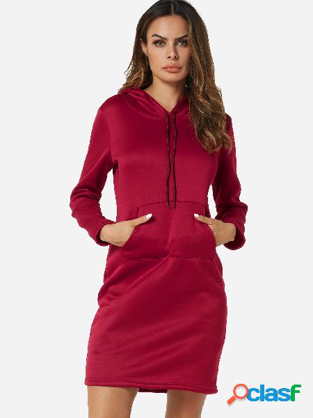 Red Casual Long Sleeve Kangaroo Pocket Hoodie Dress