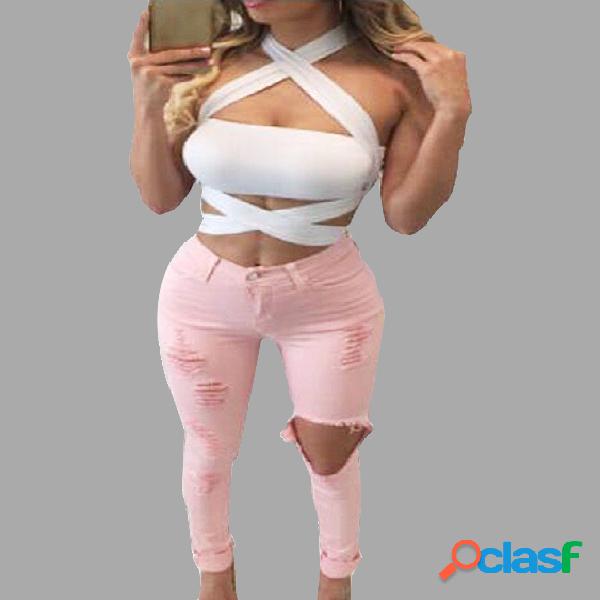 Ripped High-Rise Skinny Jean in Light Pink