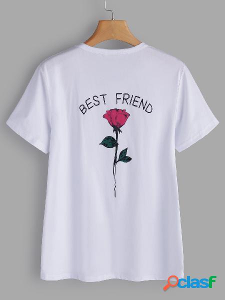 Rose Floral Print Crew Neck Short Sleeves T-shirt