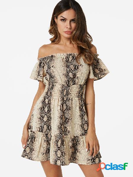 Snake Off The Shoulder Short Sleeves Mini Length Dress