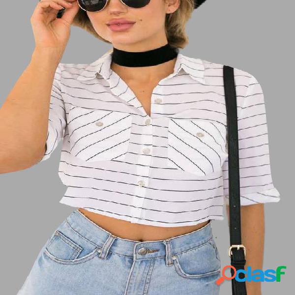 Stripe Pattern 1/2 Length Sleeves Cropped Shirt