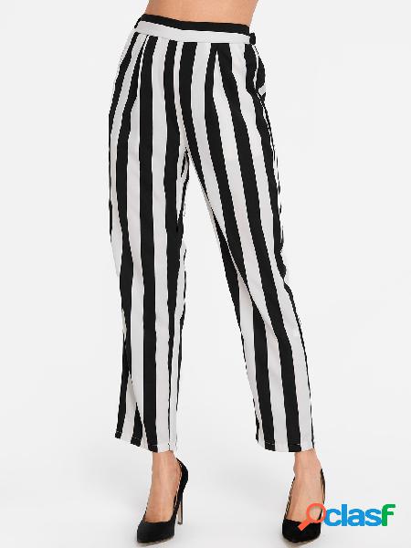 Stripe Side Pockets High-waisted Straight Leg Pants