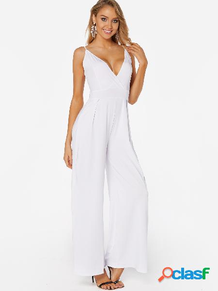 White Deep V Neck Self-tie Back Design Wide Leg Jumpsuit