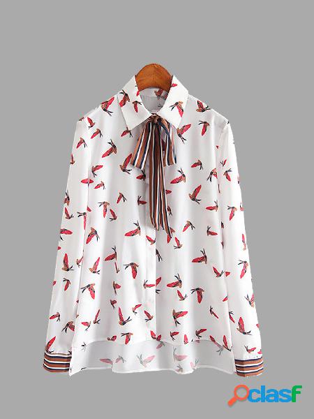 Bird Printing High Low Hem Shirt with Tie Neck