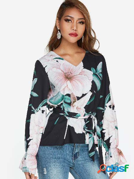 Black Belt Design Random Floral Print V-neck Long Sleeves