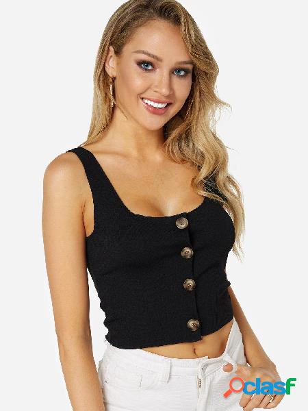 Black Button Design Plain Scoop Neck Crop Camis