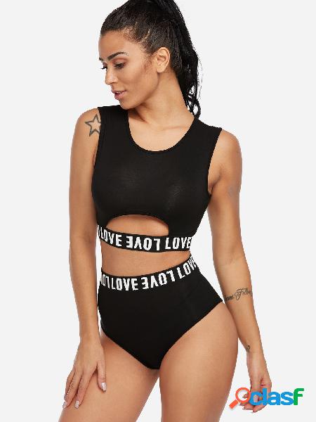 Black Cut Out Letter Round Neck High-waisted Tracksuit