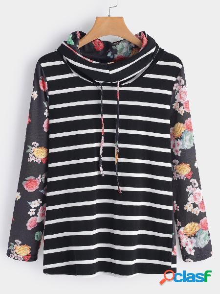 Black Random Floral Print Stripe Roll Neck Long Sleeves