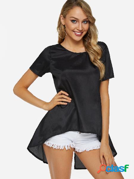 Black Slit Design Crew Neck Short Sleeves Top