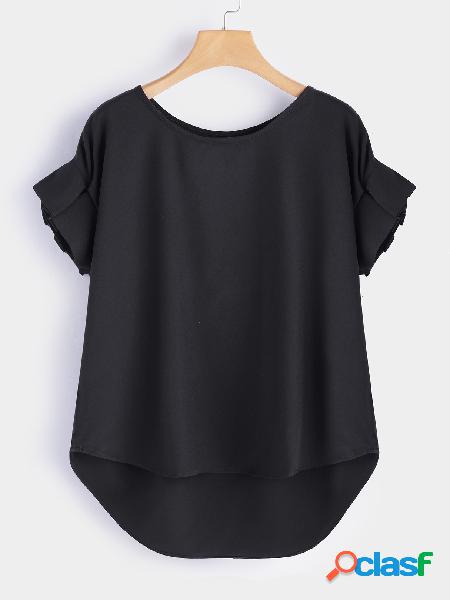 Black Slit Design Plain Crew Neck Flounced Details Short