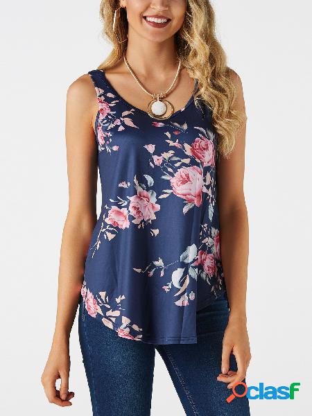 Blue Crossed Back Design Floral Print Round Neck Camis