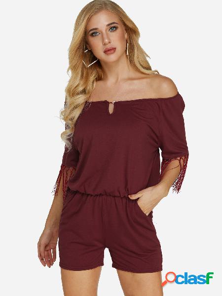 Burgundy Tassel Details Off Shoulder Stretch Waistband